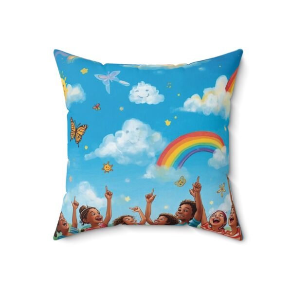 rainbow sky decorative pillow — kids room throw pillow with clouds, butterflies & joyful children