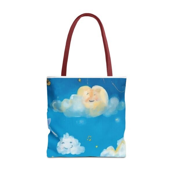 whimsical cloud & rainbow tote bag — cute smiling moon, kids illustration aop tote