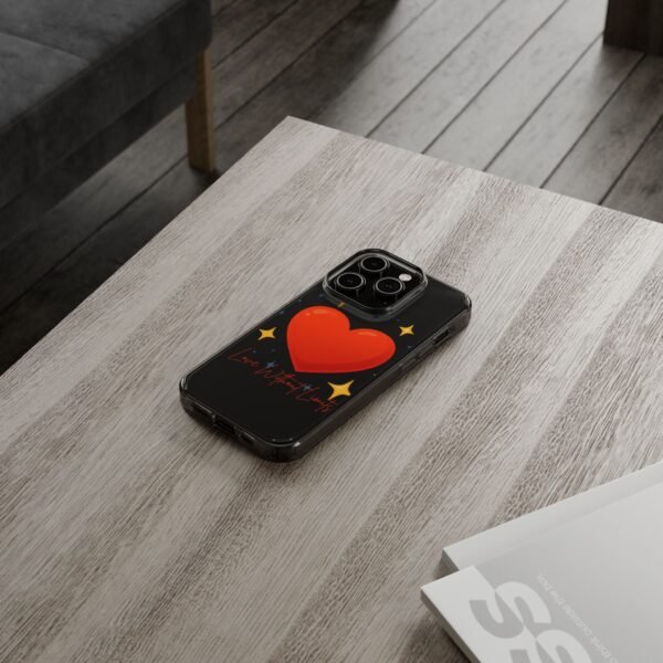 clear impact phone case — red heart & “love without limits” design
