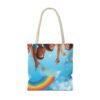 whimsical cloud & rainbow tote bag — cute smiling moon, kids illustration aop tote