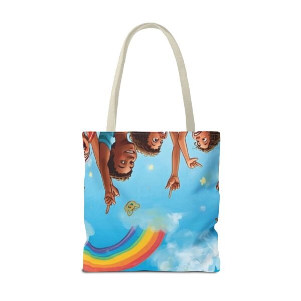 whimsical cloud & rainbow tote bag — cute smiling moon, kids illustration aop tote