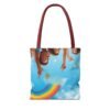 whimsical cloud & rainbow tote bag — cute smiling moon, kids illustration aop tote