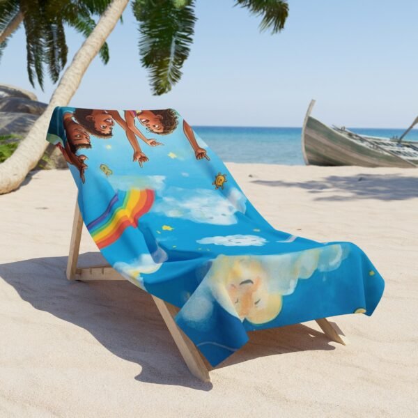 kids' rainbow beach towel — colorful cloud & smiling friends design