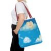 whimsical cloud & rainbow tote bag — cute smiling moon, kids illustration aop tote
