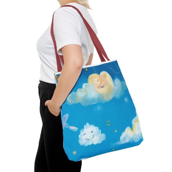 whimsical cloud & rainbow tote bag — cute smiling moon, kids illustration aop tote