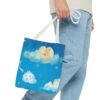 whimsical cloud & rainbow tote bag — cute smiling moon, kids illustration aop tote