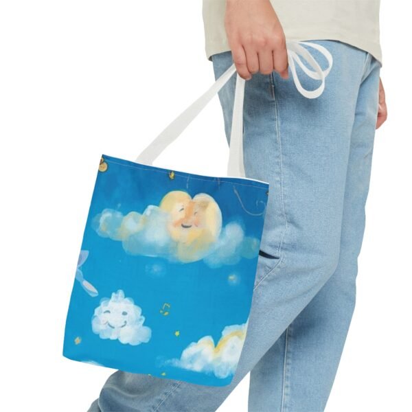 whimsical cloud & rainbow tote bag — cute smiling moon, kids illustration aop tote
