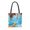 whimsical cloud & rainbow tote bag — cute smiling moon, kids illustration aop tote