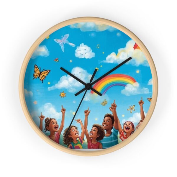 children's rainbow wall clock — joyful diverse kids, clouds & butterflies