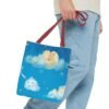 whimsical cloud & rainbow tote bag — cute smiling moon, kids illustration aop tote