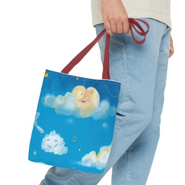 whimsical cloud & rainbow tote bag — cute smiling moon, kids illustration aop tote