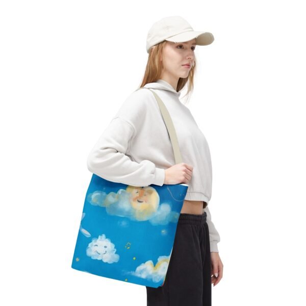 whimsical cloud & rainbow tote bag — cute smiling moon, kids illustration aop tote