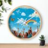 children's rainbow wall clock — joyful diverse kids, clouds & butterflies