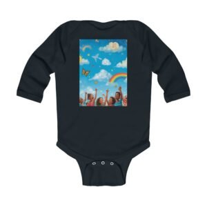 baby bodysuit — rainbow sky & joyful kids illustration