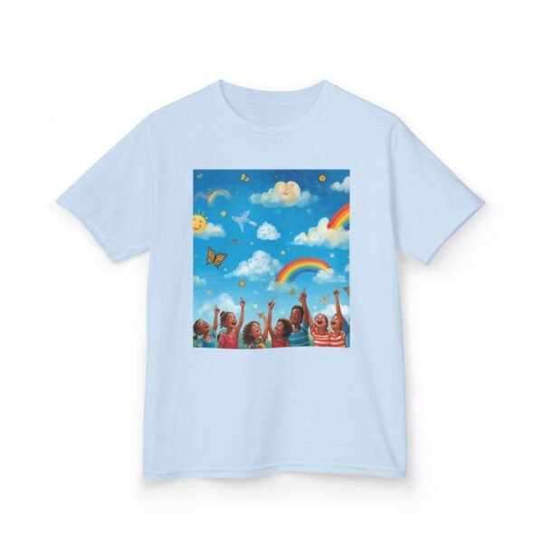kids tee — joyful rainbow cloud design (“painting the cloud”)