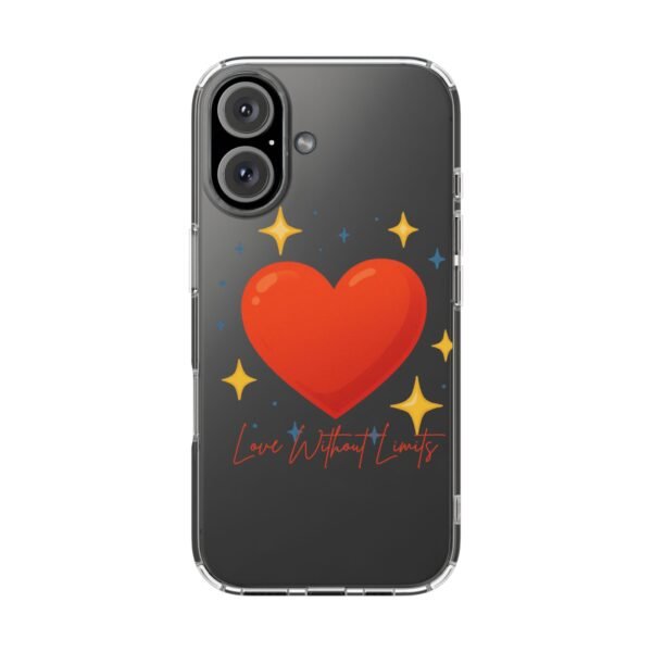 clear impact phone case — red heart & “love without limits” design