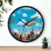 children's rainbow wall clock — joyful diverse kids, clouds & butterflies