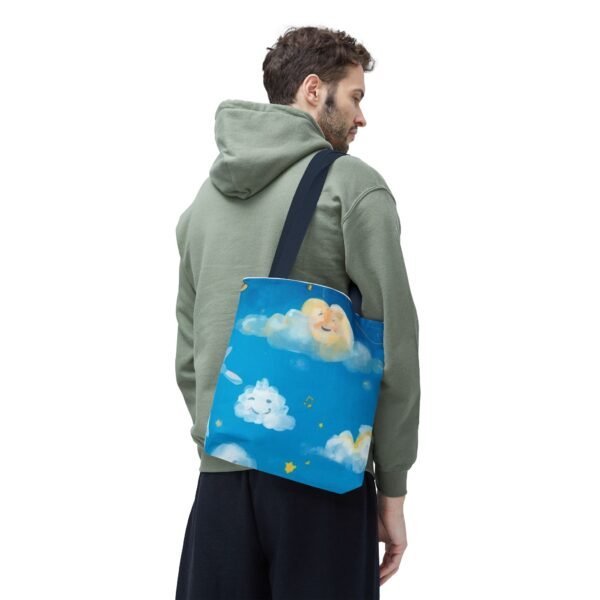 whimsical cloud & rainbow tote bag — cute smiling moon, kids illustration aop tote