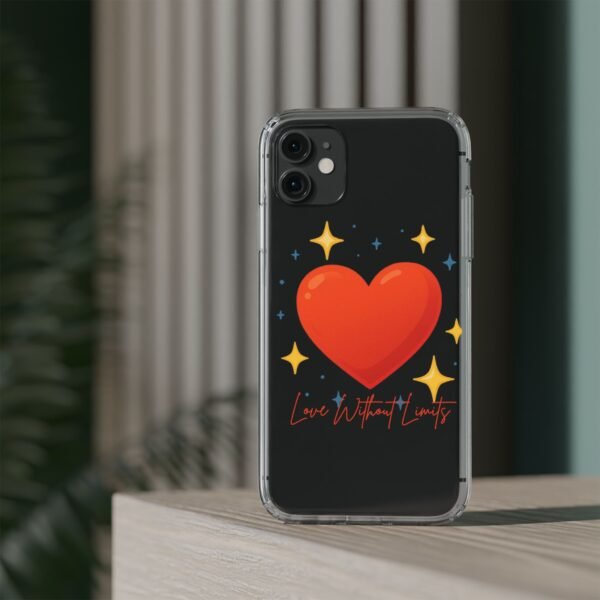 clear impact phone case — red heart & “love without limits” design
