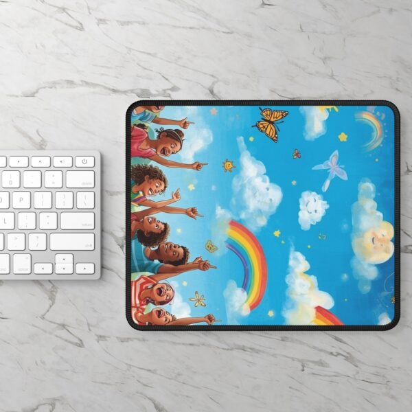 rainbow kids gaming mouse pad — cheerful clouds, butterflies & diverse children design