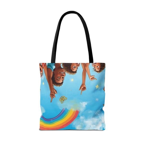 whimsical cloud & rainbow tote bag — cute smiling moon, kids illustration aop tote