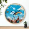 children's rainbow wall clock — joyful diverse kids, clouds & butterflies