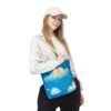 whimsical cloud & rainbow tote bag — cute smiling moon, kids illustration aop tote