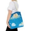 whimsical cloud & rainbow tote bag — cute smiling moon, kids illustration aop tote