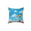 rainbow sky decorative pillow — kids room throw pillow with clouds, butterflies & joyful children