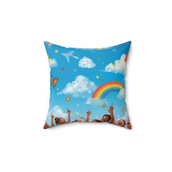 rainbow sky decorative pillow — kids room throw pillow with clouds, butterflies & joyful children