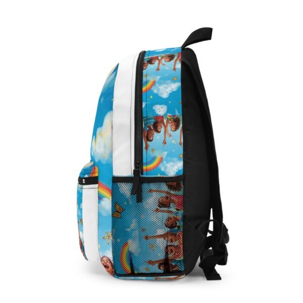 kids' rainbow cloud backpack — joyful diverse children print, cute butterflies & smiling clouds school bag