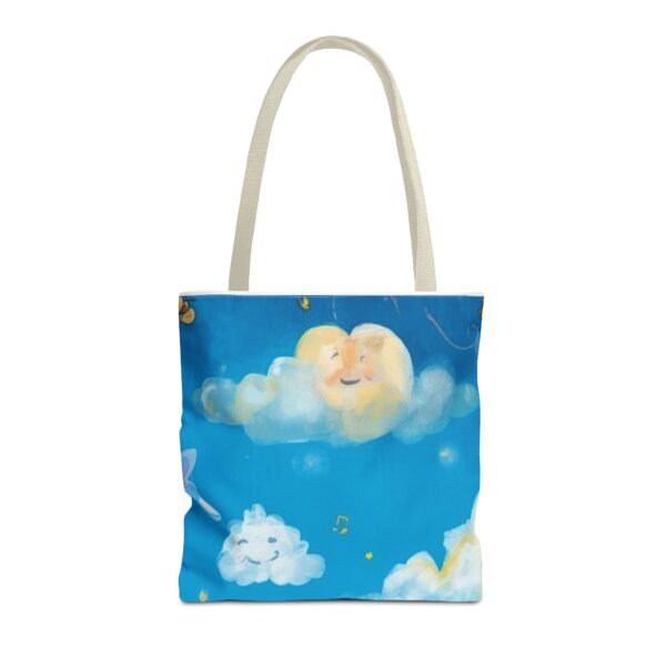 whimsical cloud & rainbow tote bag — cute smiling moon, kids illustration aop tote