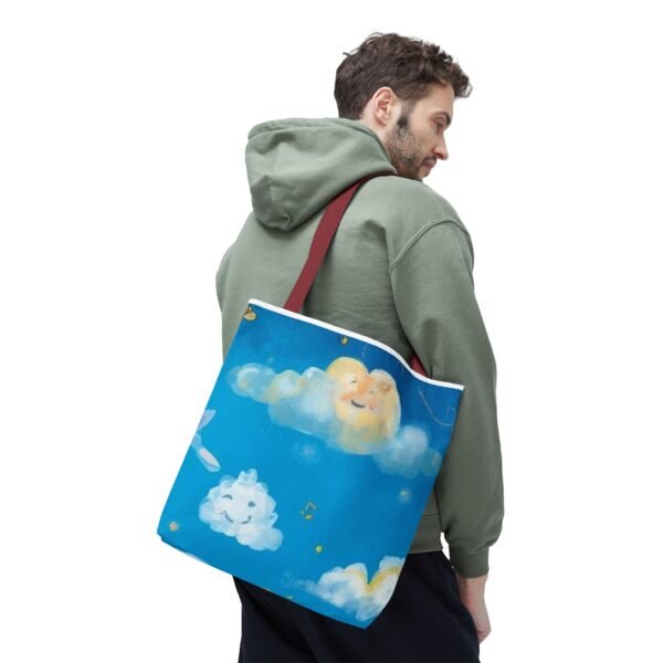 whimsical cloud & rainbow tote bag — cute smiling moon, kids illustration aop tote
