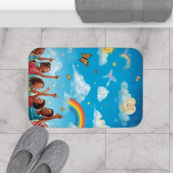 rainbow kids bath mat — joyful diverse children, clouds & butterflies bathroom rug