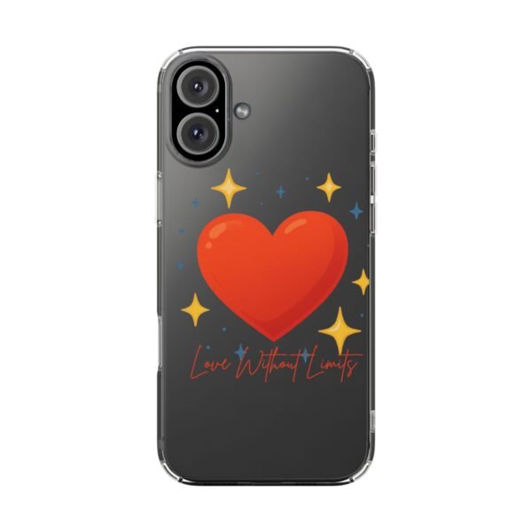 clear impact phone case — red heart & “love without limits” design