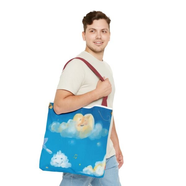 whimsical cloud & rainbow tote bag — cute smiling moon, kids illustration aop tote