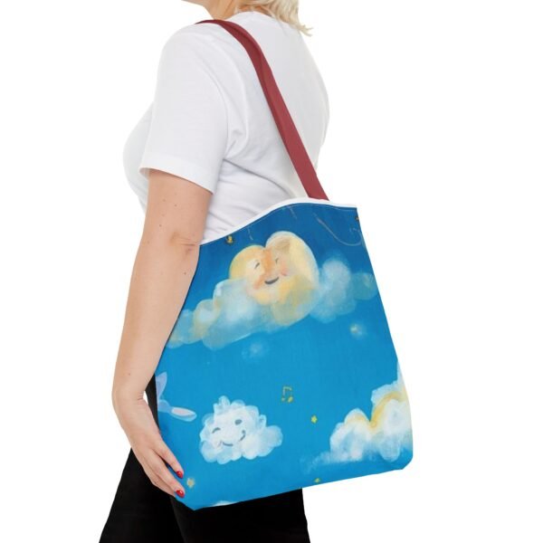 whimsical cloud & rainbow tote bag — cute smiling moon, kids illustration aop tote