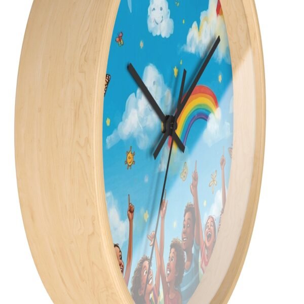 children's rainbow wall clock — joyful diverse kids, clouds & butterflies