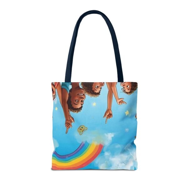 whimsical cloud & rainbow tote bag — cute smiling moon, kids illustration aop tote