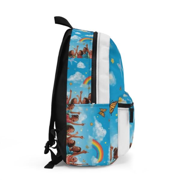 kids' rainbow cloud backpack — joyful diverse children print, cute butterflies & smiling clouds school bag