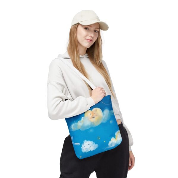 whimsical cloud & rainbow tote bag — cute smiling moon, kids illustration aop tote
