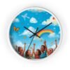 children's rainbow wall clock — joyful diverse kids, clouds & butterflies