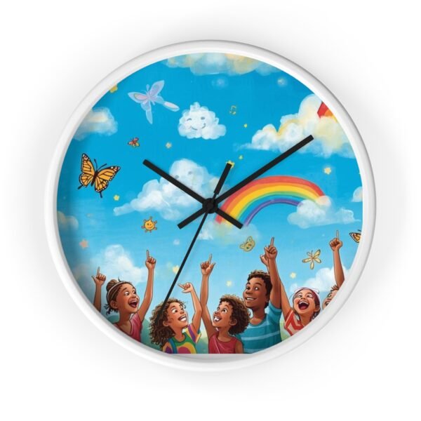 children's rainbow wall clock — joyful diverse kids, clouds & butterflies