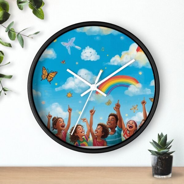 children's rainbow wall clock — joyful diverse kids, clouds & butterflies