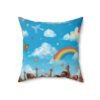 rainbow sky decorative pillow — kids room throw pillow with clouds, butterflies & joyful children
