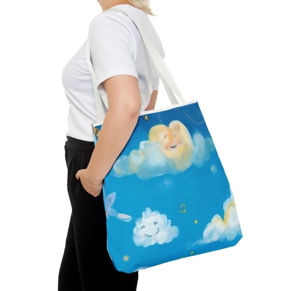 whimsical cloud & rainbow tote bag — cute smiling moon, kids illustration aop tote