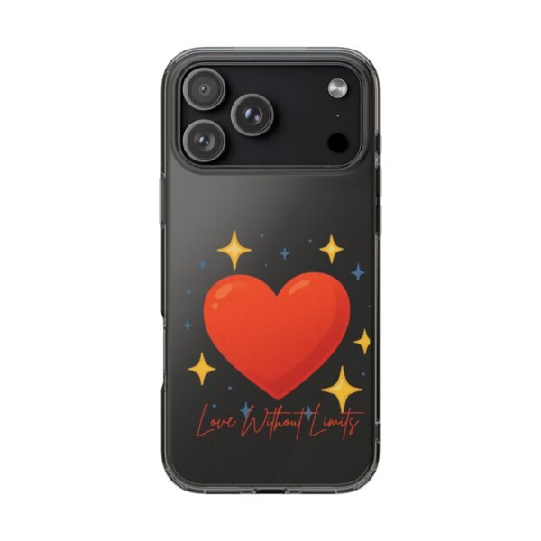 clear impact phone case — red heart & “love without limits” design