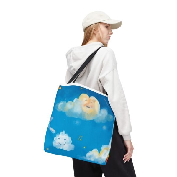 whimsical cloud & rainbow tote bag — cute smiling moon, kids illustration aop tote