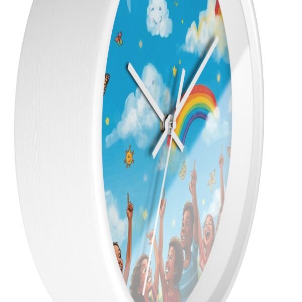 children's rainbow wall clock — joyful diverse kids, clouds & butterflies