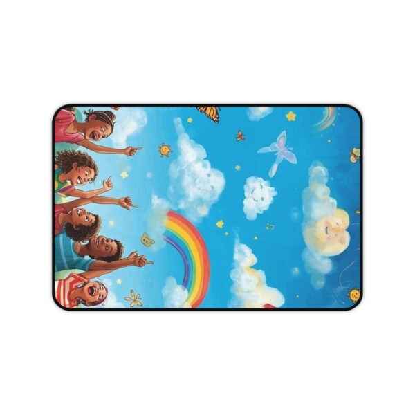 rainbow sky desk mat — playful kids illustration with clouds, rainbow & butterflies